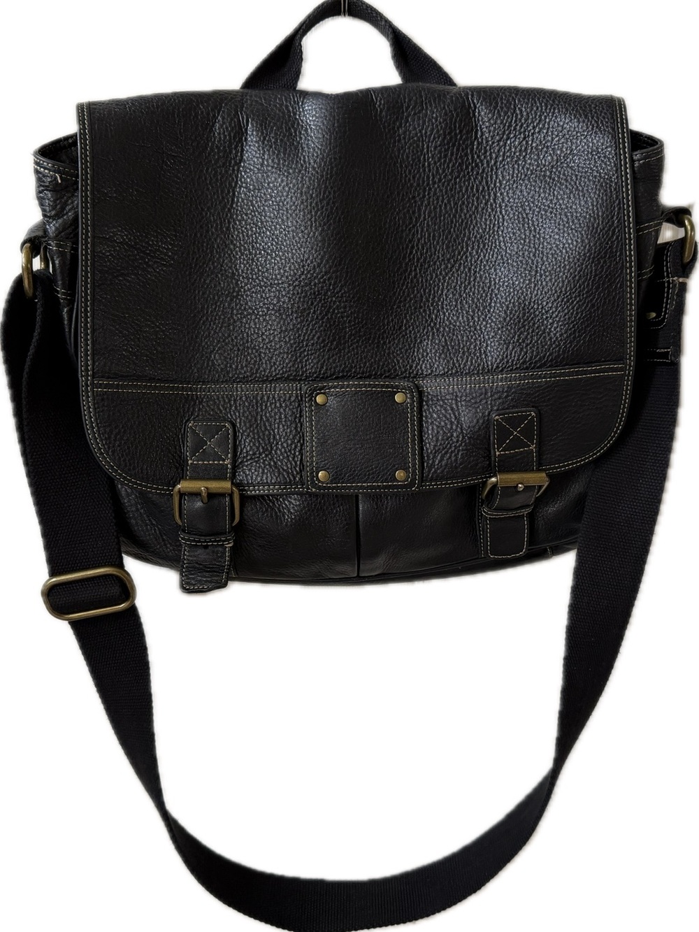 Fossil Black Leather Messenger Bag with Brass Buckles
